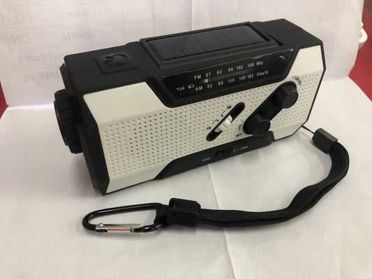 Solar radio, hand crank radio, solar flashlight, survival kit.