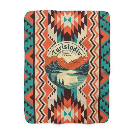 Manta Sherpa con diseño de lago y montaña, Patrón azteca para exteriores, manta de camping, regalo de viaje, regalo de montaña