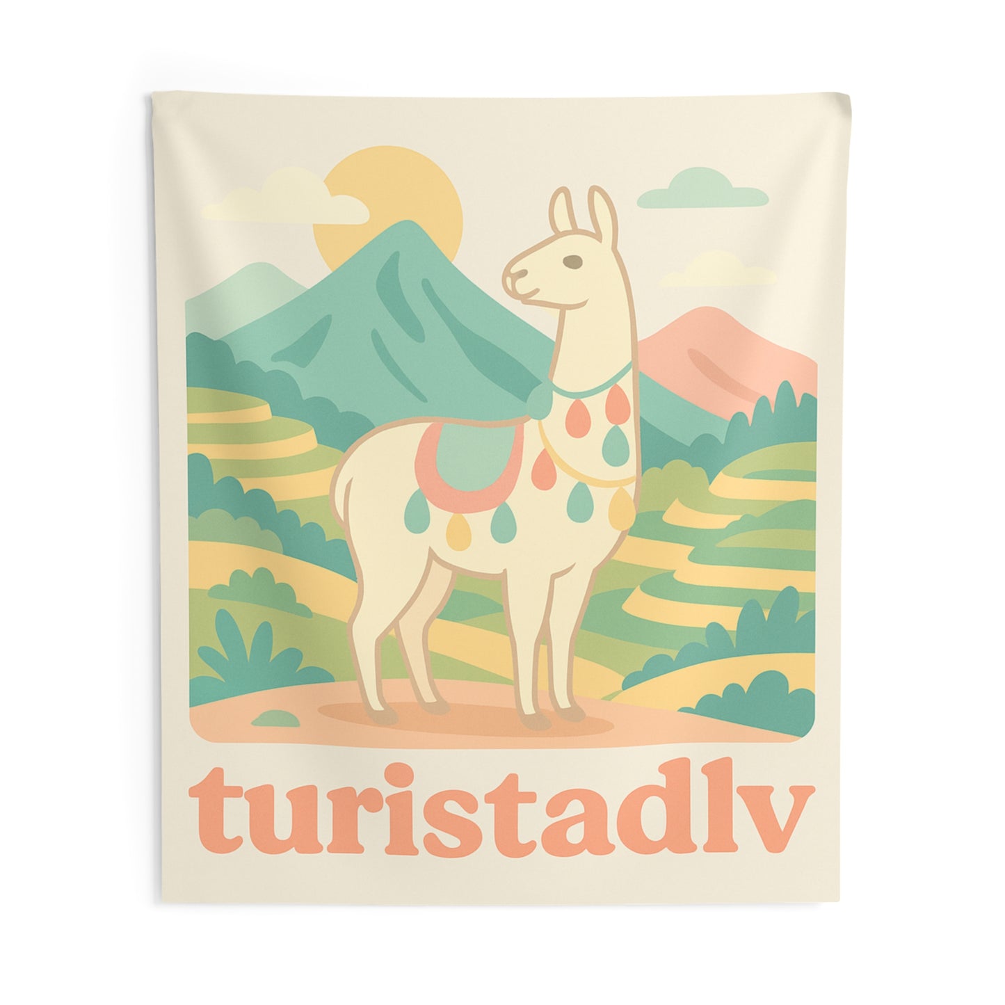 Tapiz de escena de montaña con llama, Tapiz de pared interior, arte de viaje, decoración de alpaca, regalo de Perú, decoración bohemia chic.