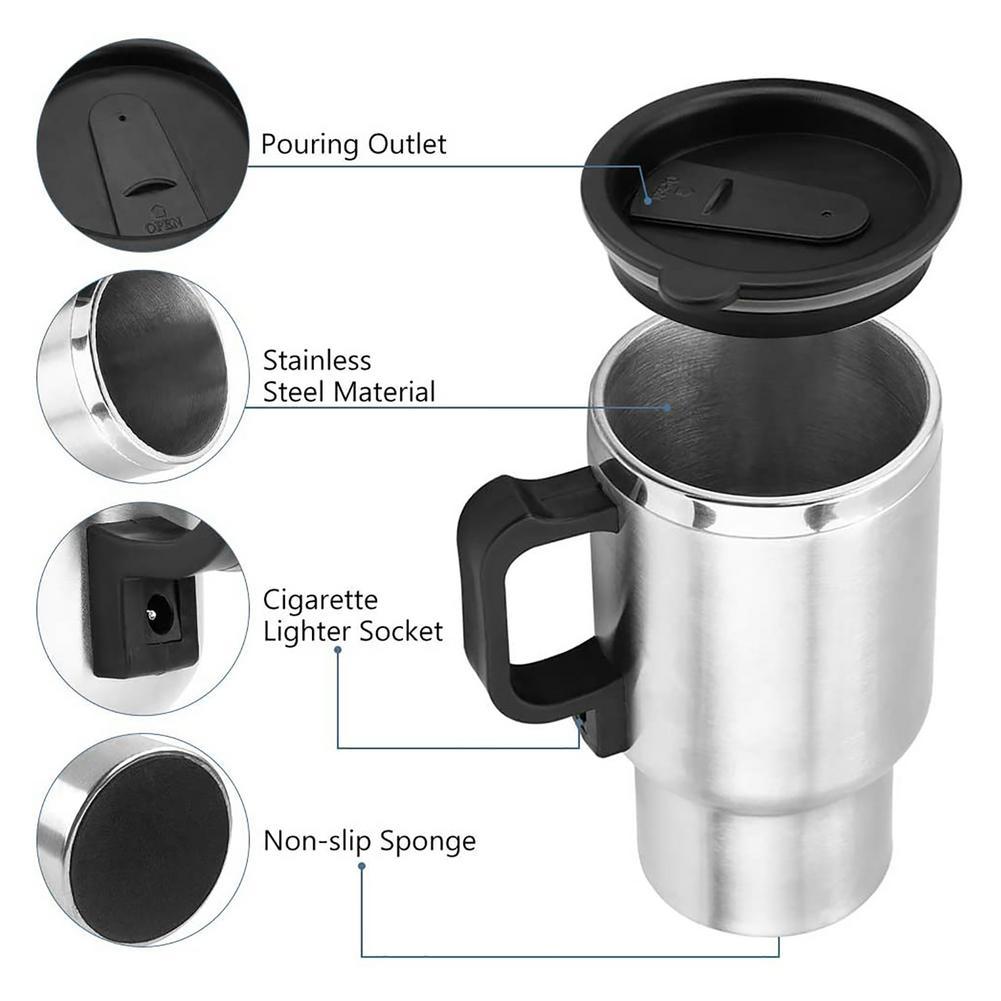 Stainless Steel Vehicle Heating Cup, Electric Heating Car Kettle, Camping, Travel Kettle for Water Coffee Milk, Thermal Cup.