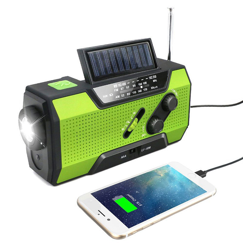Solar radio, hand crank radio, solar flashlight, survival kit.
