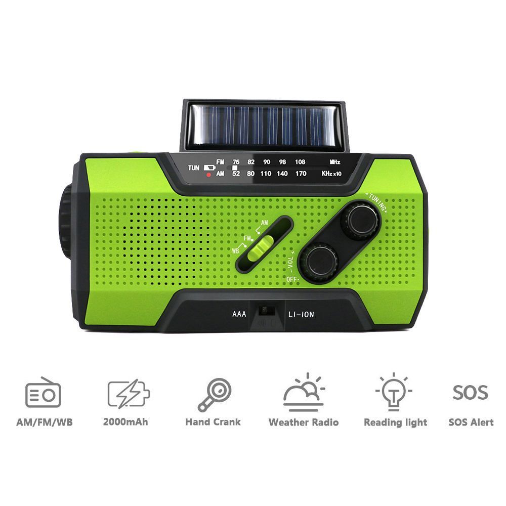 Solar radio, hand crank radio, solar flashlight, survival kit.
