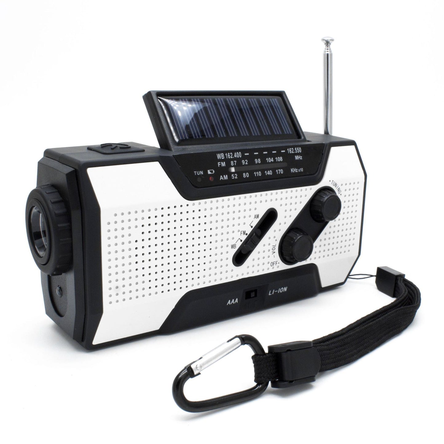 Solar radio, hand crank radio, solar flashlight, survival kit.