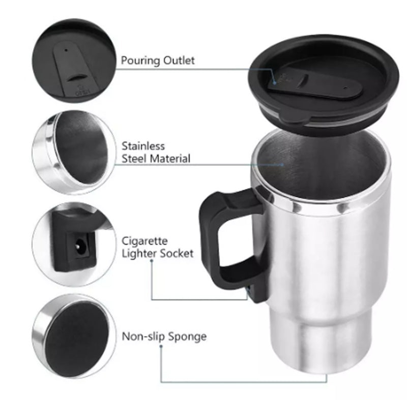 Stainless Steel Vehicle Heating Cup, Electric Heating Car Kettle, Camping, Travel Kettle for Water Coffee Milk, Thermal Cup.