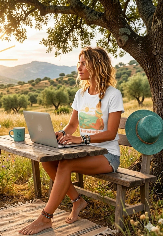 Mujer tele trabajando con portátil en la camiseta, camiseta de la naturaleza, nómada digital, emprendedora, Ilustración de viaje escénico.