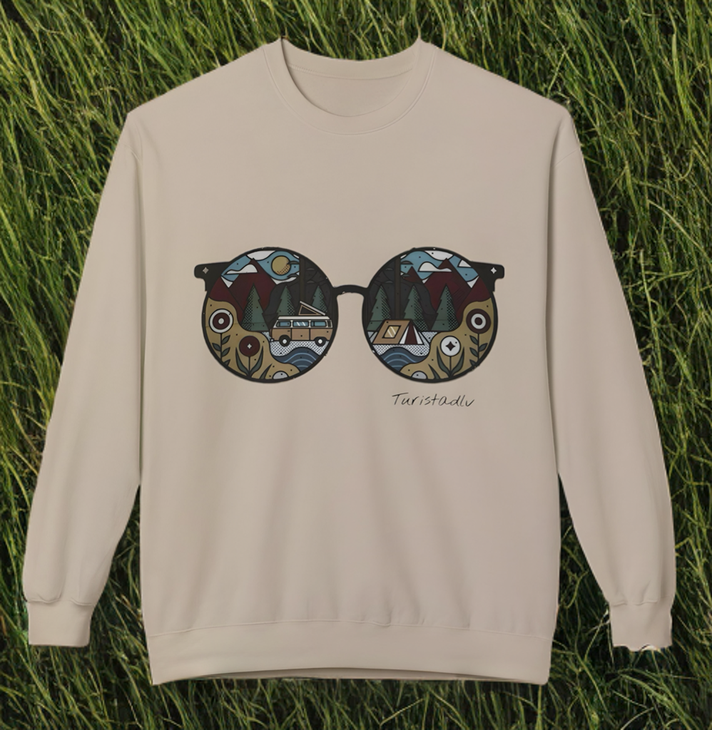 Sunglasses sweater with camper and camping reflection, warm winter sweater, cozy pullover, trendy hipster top, outdoor