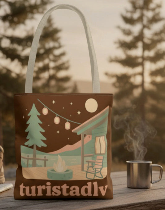 Bolsa de mano de acogedora fogata de cabaña, bolsa de mano | ilustración de camping, cielo nocturno, pinos