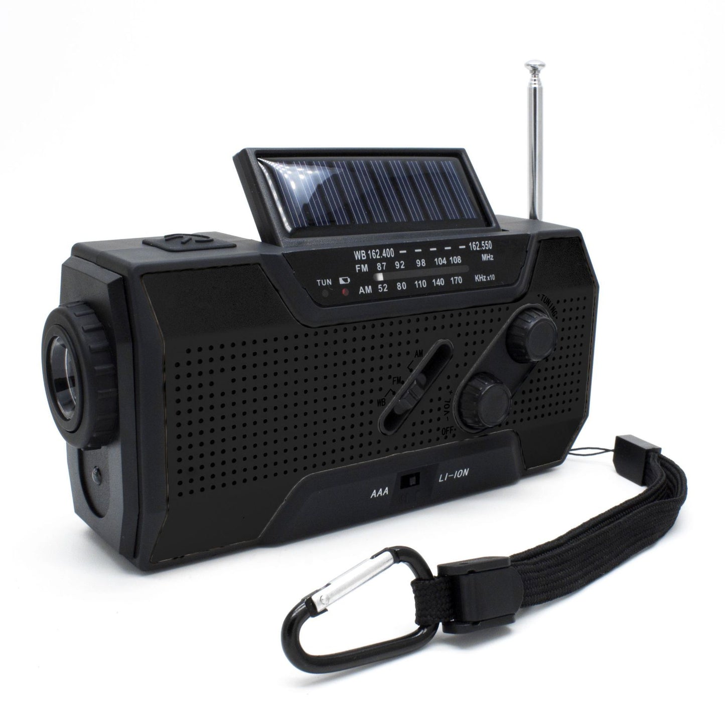 Solar radio, hand crank radio, solar flashlight, survival kit.