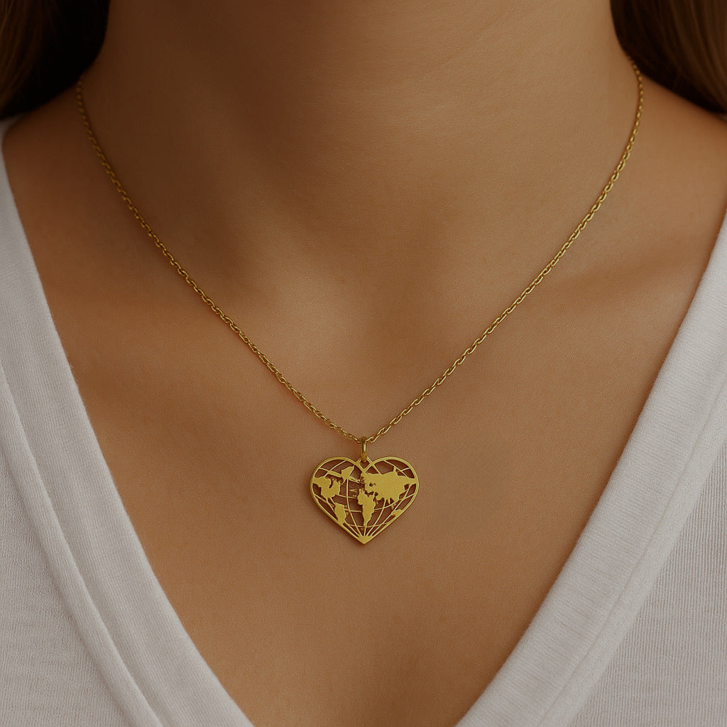 Collar de corazón, collar para amantes de los viajes, collar de mapamundi, regalos de mujer aventurera, joya de viajes, collar del mundo