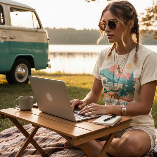 Camiseta de nómada digital, regalo de trabajo remoto, camiseta de camper retro en el lago, camiseta de naturaleza, laptop, tele trabajo