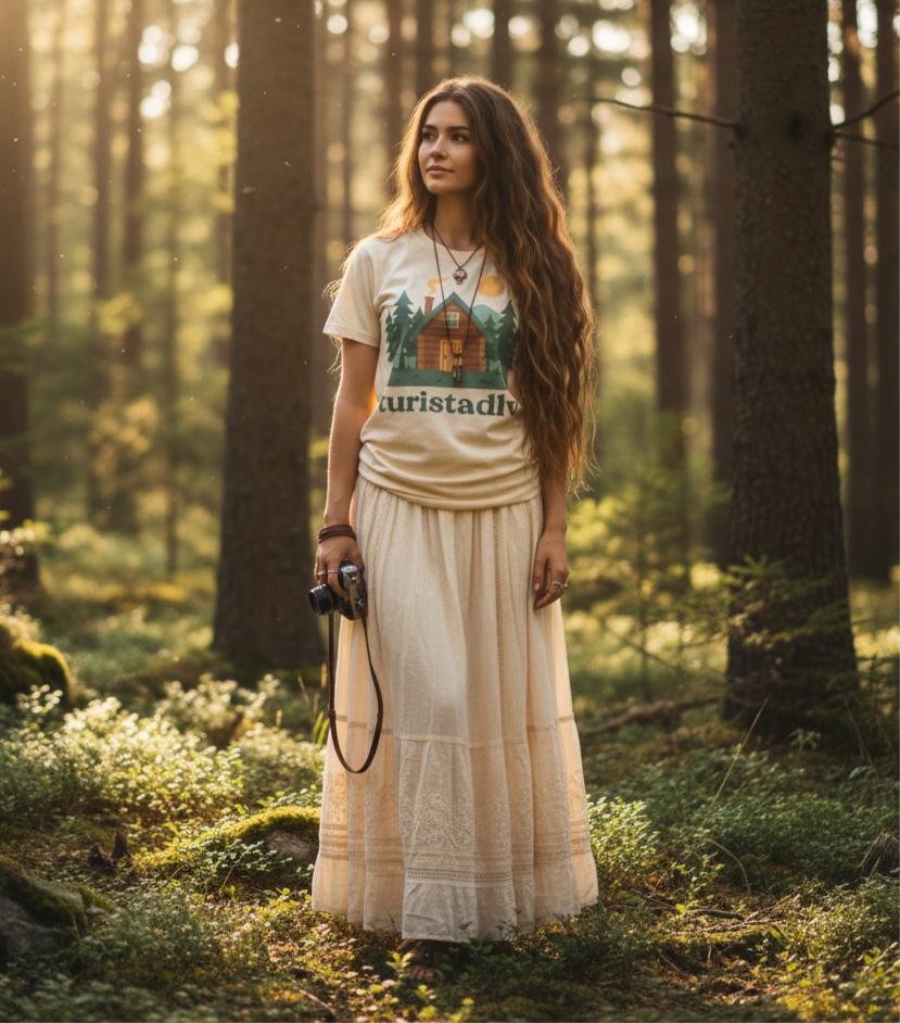 Camiseta de Cabaña en el Bosque, Diseño Rústico de Pinos