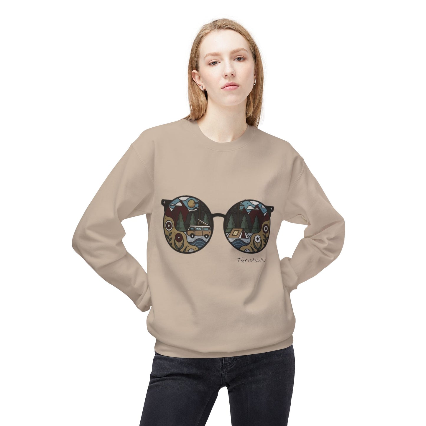 Sunglasses sweater with camper and camping reflection, warm winter sweater, cozy pullover, trendy hipster top, outdoor