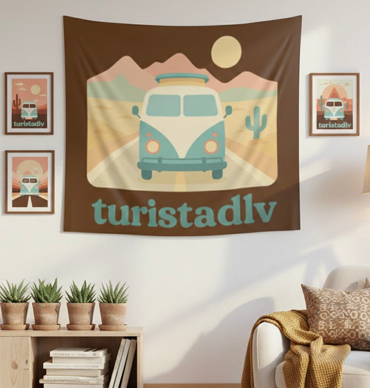 Tapiz de pared de Camper vintage, tapiz de viaje por carretera, tapiz de furgoneta retro en el Desierto, tapiz estilo póster de viaje
