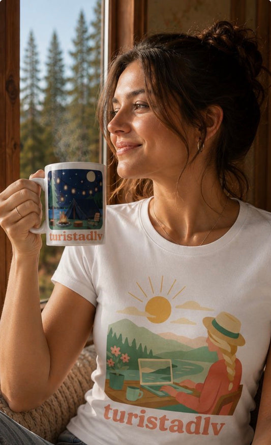 Taza de escena nocturna de camping, cabaña en el bosque, Tienda de campaña, fogata, linterna, lago, ambiente acogedor.