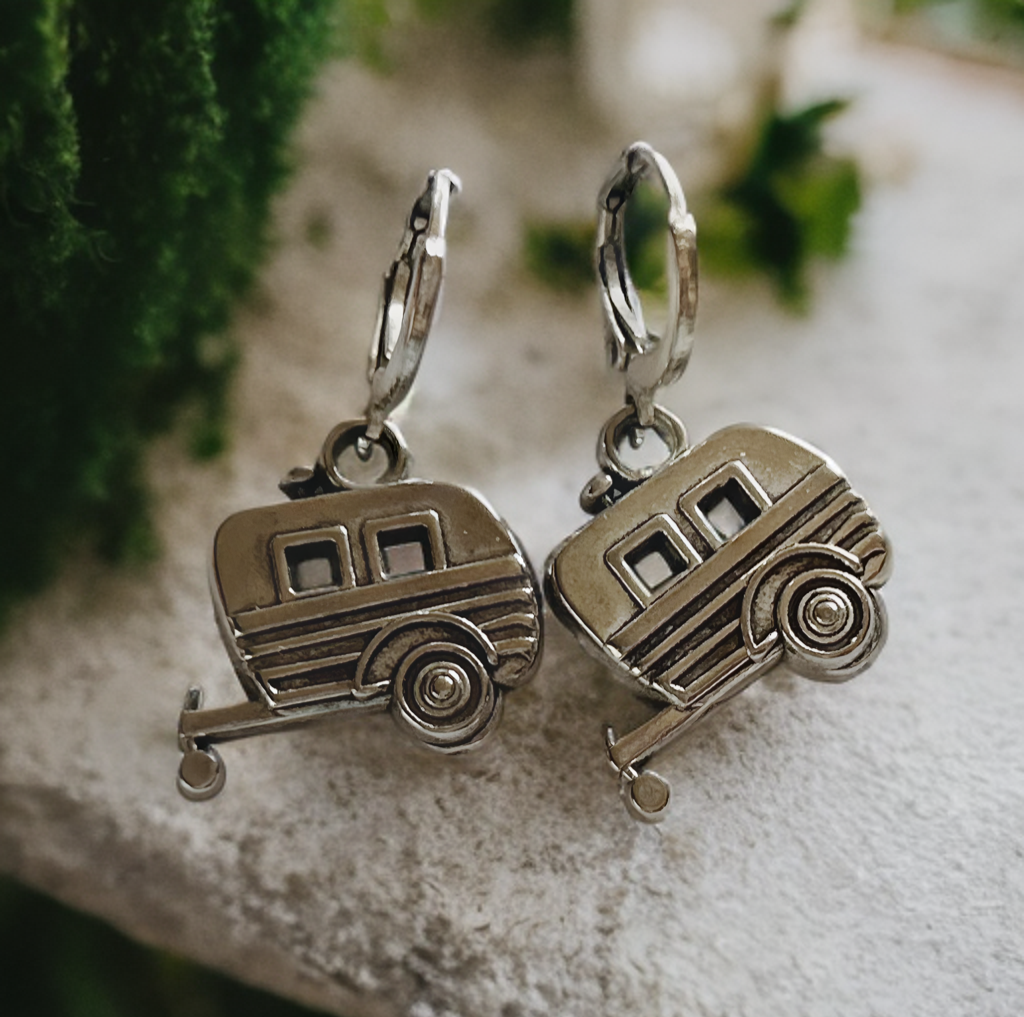 Earring, caravan, RV. Earrings, caravan, adventurer jewelry, hoops, camper, backpacker, hiker, camping, travel, traveler.