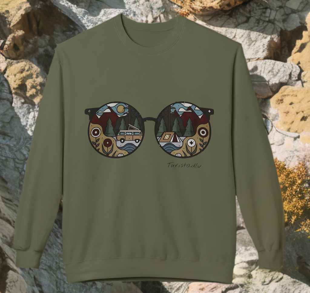 Sunglasses sweater with camper and camping reflection, warm winter sweater, cozy pullover, trendy hipster top, outdoor