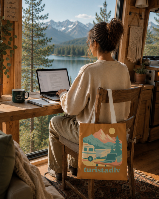 Bolso tote bag, bolsde mano Van Life y montaña, tote bag ilustración de caravana de viaje, nómada digital, tele trabajo, vida camper, viajera, regalo emprendedor