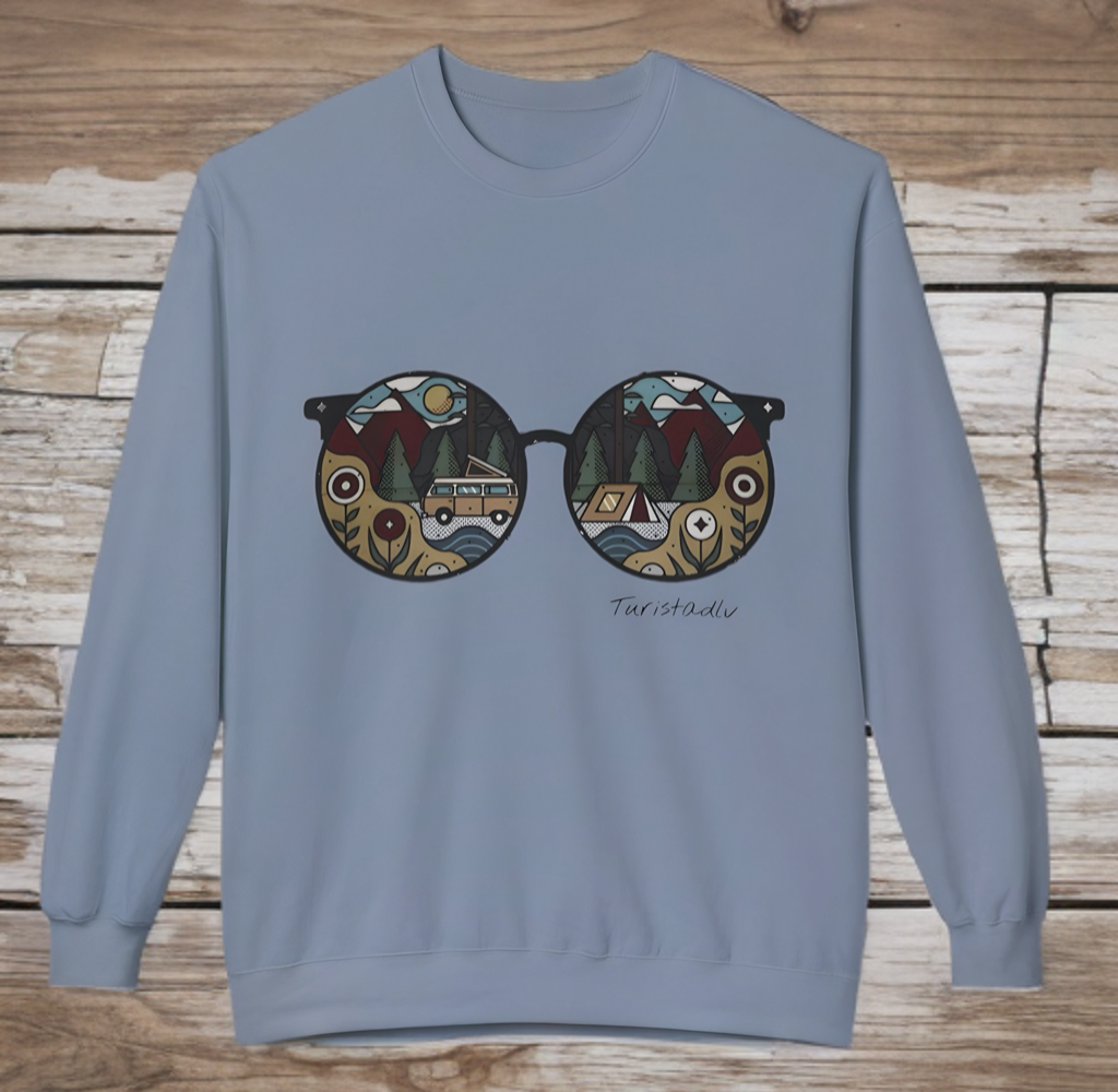 Sunglasses sweater with camper and camping reflection, warm winter sweater, cozy pullover, trendy hipster top, outdoor