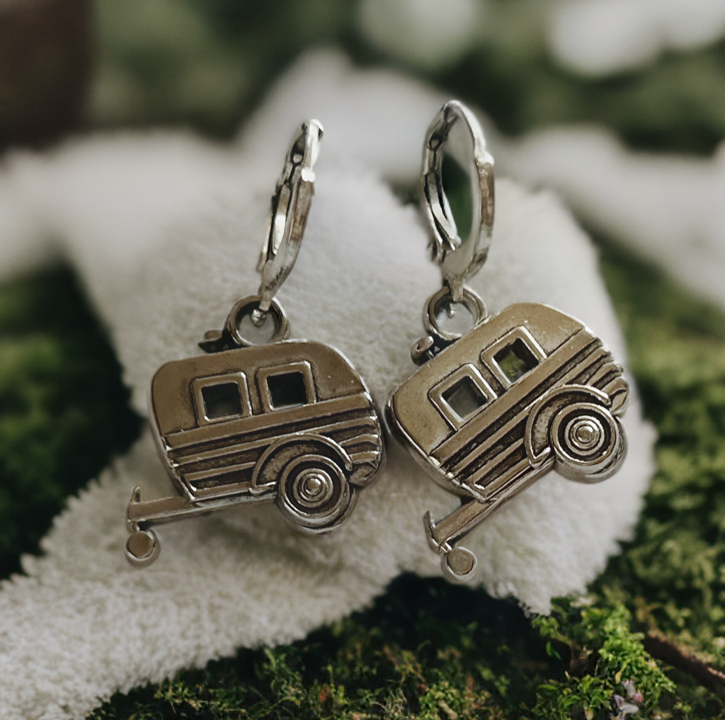 Earring, caravan, RV. Earrings, caravan, adventurer jewelry, hoops, camper, backpacker, hiker, camping, travel, traveler.