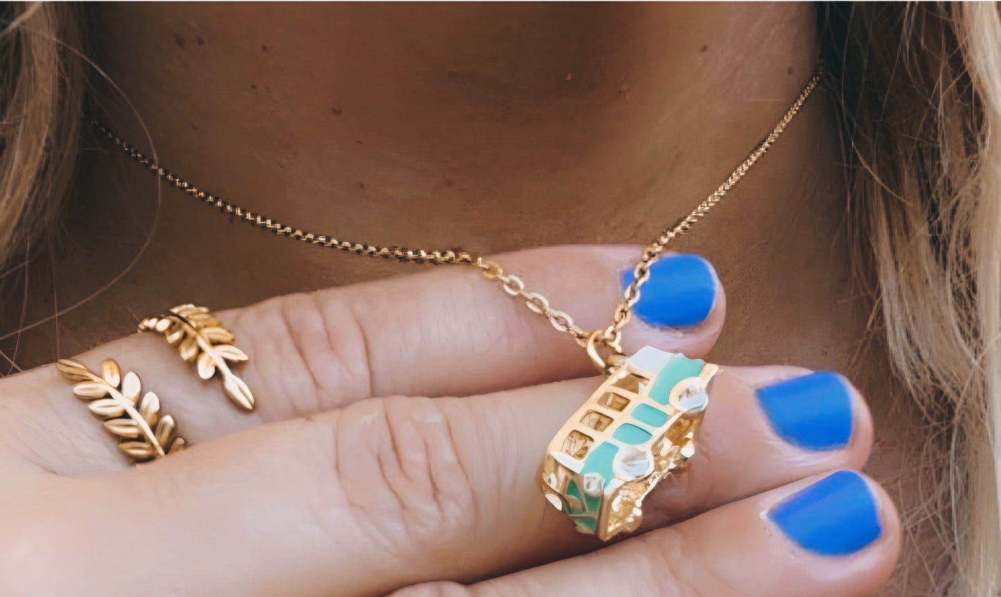 Vintage Van Necklace in Steel and Enamel – Boho Chic Jewelry for Travelers, Adventurers and Nature Lovers van necklace, van life, VW, camper, van, traveler.