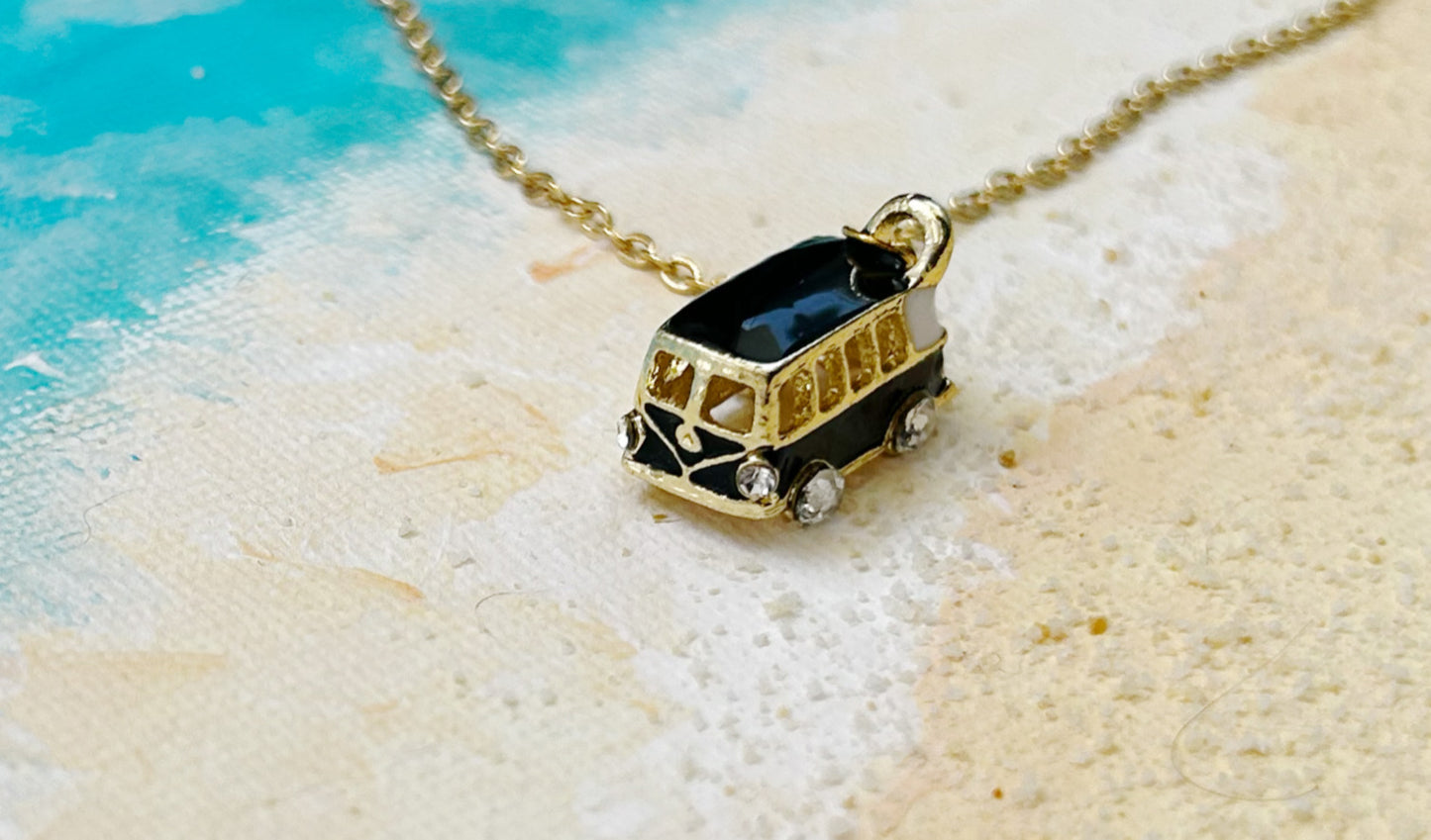 Vintage Van Necklace in Steel and Enamel – Boho Chic Jewelry for Travelers, Adventurers, and Nature Lovers. Van necklace, van life, VW, camper, van, traveler.