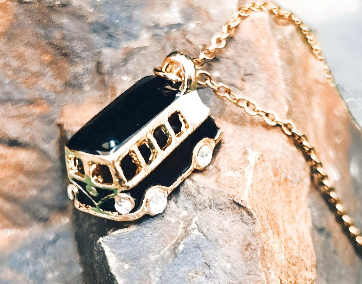 Vintage Van Necklace in Steel and Enamel – Boho Chic Jewelry for Travelers, Adventurers, and Nature Lovers. Van necklace, van life, VW, camper, van, traveler.