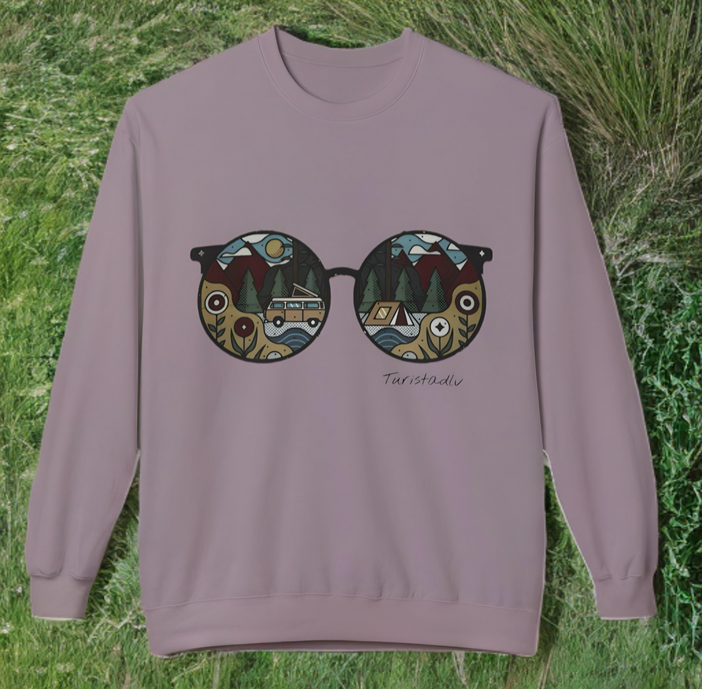 Sunglasses sweater with camper and camping reflection, warm winter sweater, cozy pullover, trendy hipster top, outdoor