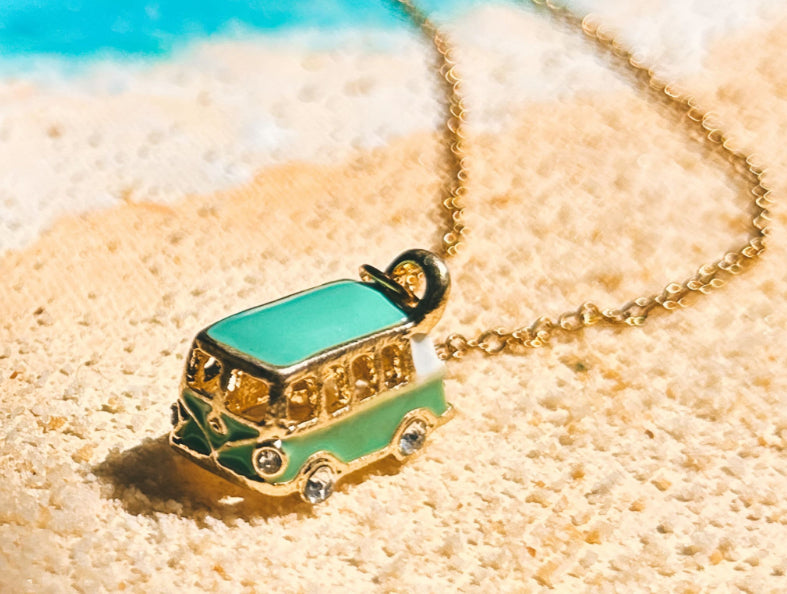 Vintage Van Necklace in Steel and Enamel – Boho Chic Jewelry for Travelers, Adventurers and Nature Lovers van necklace, van life, VW, camper, van, traveler.