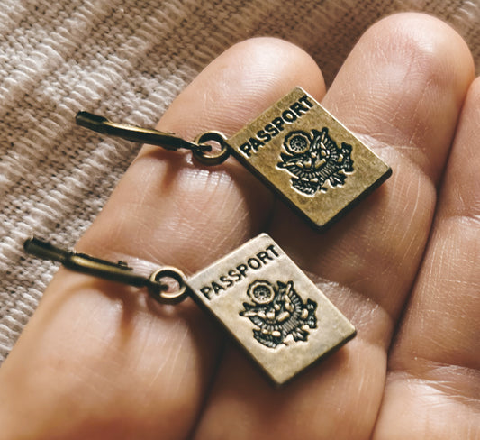 Traveler earrings, NEW PASSPORT, travel earrings, Hoops, passport, travel jewelry, traveler gift, free, backpacker, hoop earrings, earring.