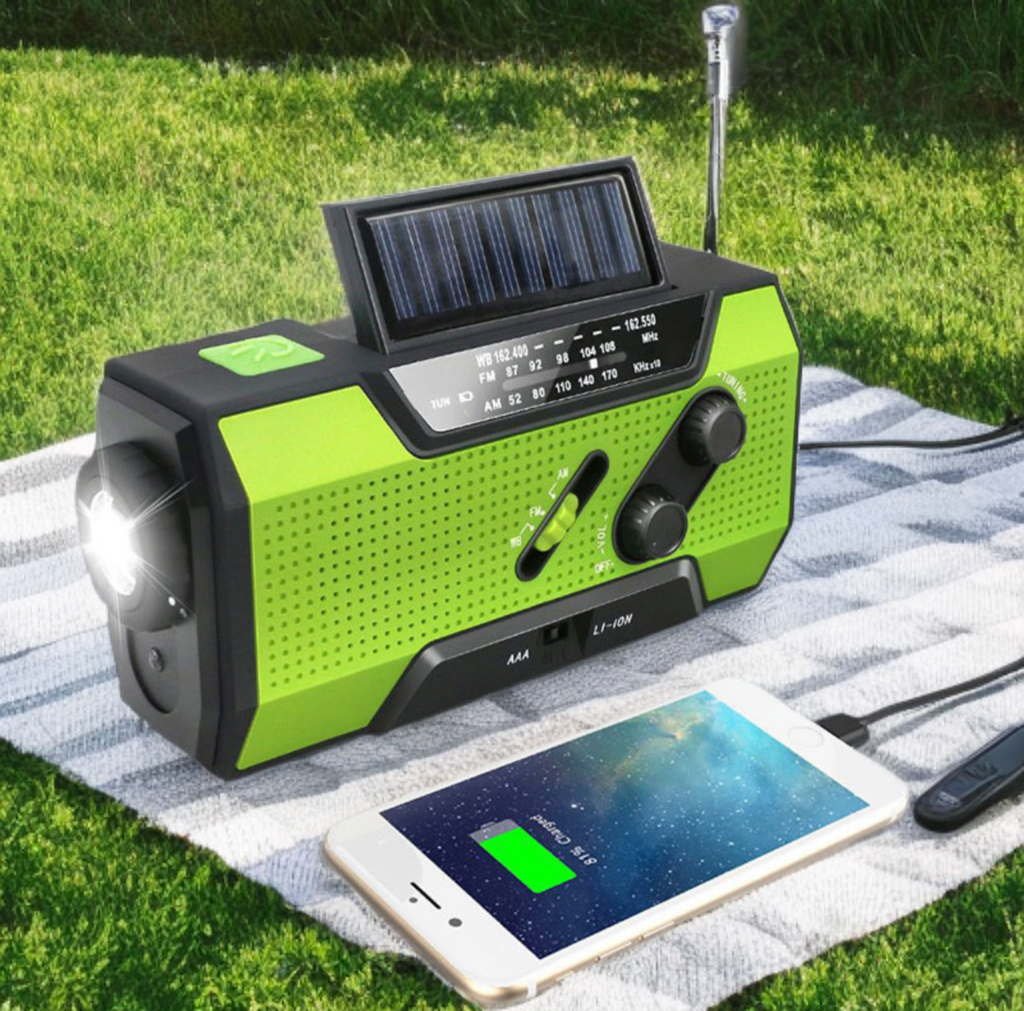 Solar radio, hand crank radio, solar flashlight, survival kit.