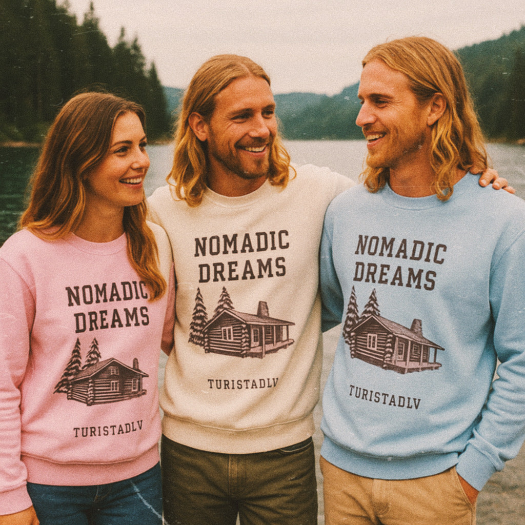 Sudadera acogedora sueños nómadas, suéter de cuello redondo unisex, perfecto para entusiastas del aire libre, regalo para viajeros, estilo casual para todas las estaciones.