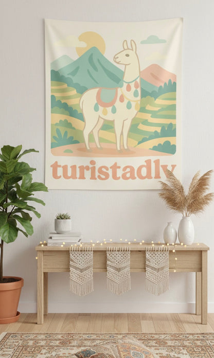 Tapiz de escena de montaña con llama, Tapiz de pared interior, arte de viaje, decoración de alpaca, regalo de Perú, decoración bohemia chic.
