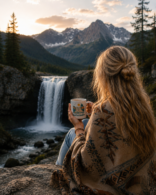 Taza de escena de la naturaleza en cascada, Paisaje escénico, regalo de naturaleza, acampada, árboles, sol, pájaros