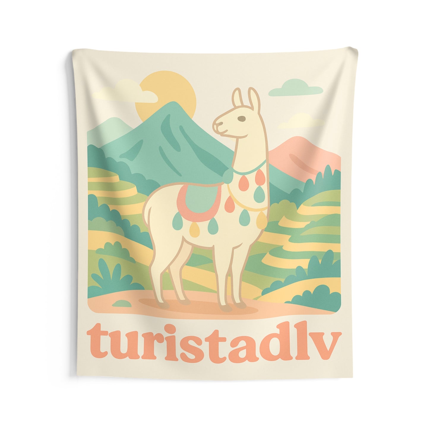 Tapiz de escena de montaña con llama, Tapiz de pared interior, arte de viaje, decoración de alpaca, regalo de Perú, decoración bohemia chic.