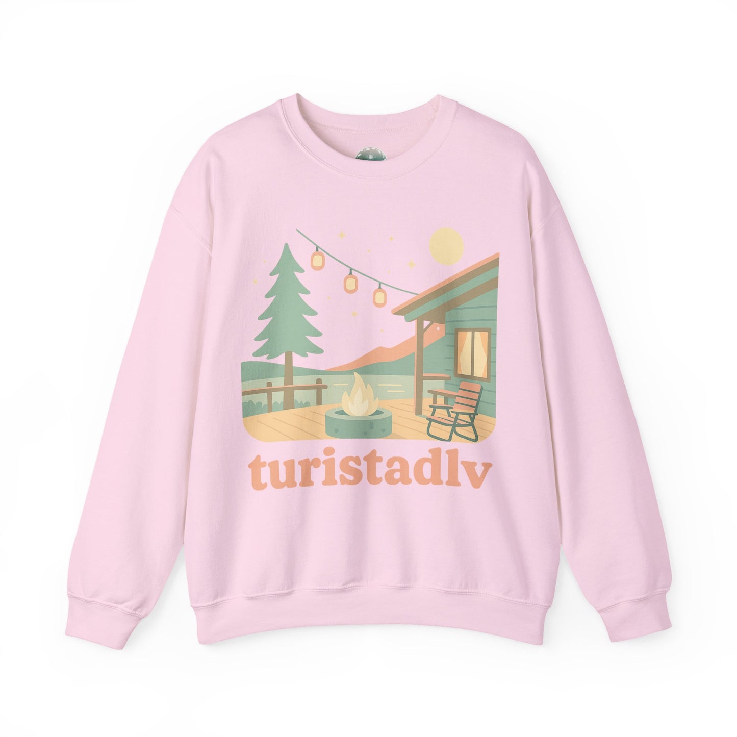 Sudadera de escena de fogata de cabaña, Ilustración de cabaña acogedora, cuello redondo de camping al aire libre