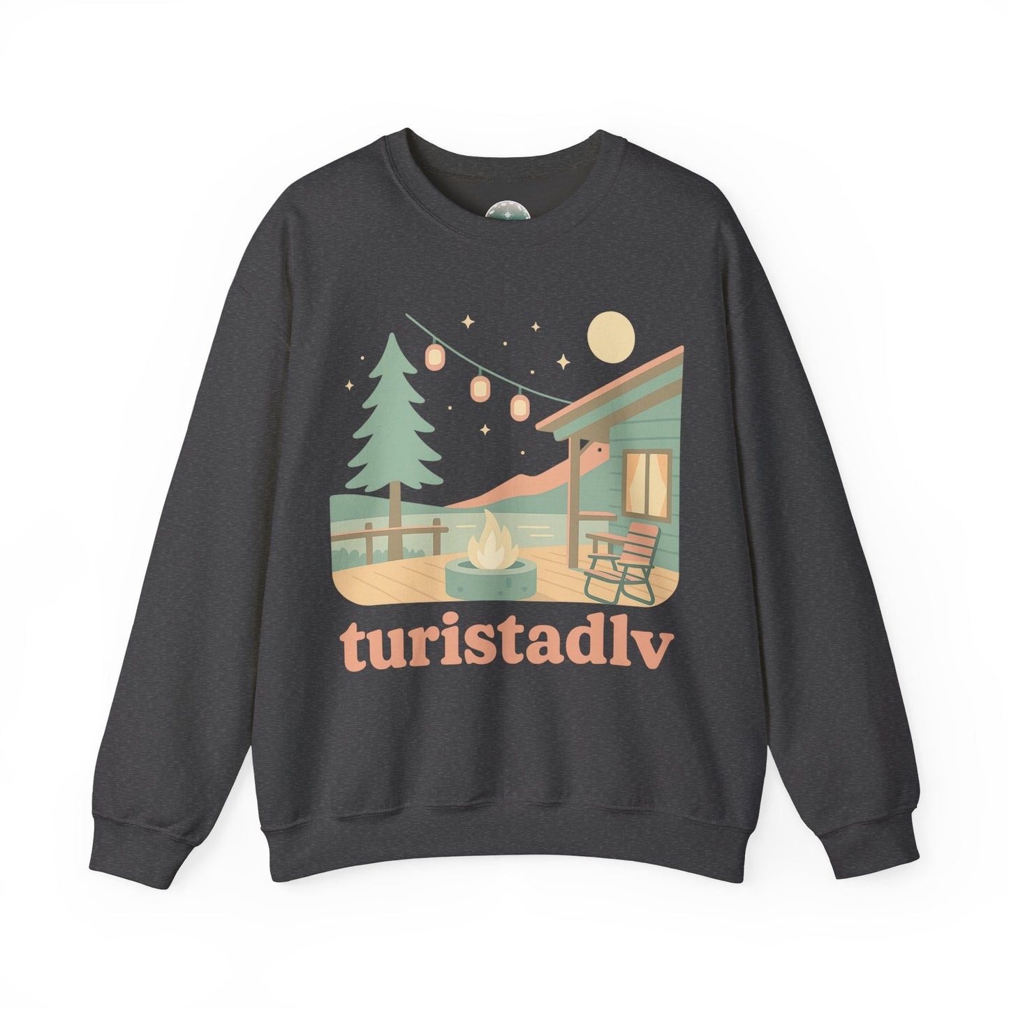 Sudadera de escena de fogata de cabaña, Ilustración de cabaña acogedora, cuello redondo de camping al aire libre