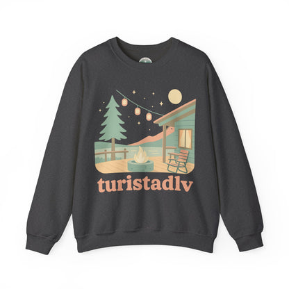 Sudadera de escena de fogata de cabaña, Ilustración de cabaña acogedora, cuello redondo de camping al aire libre