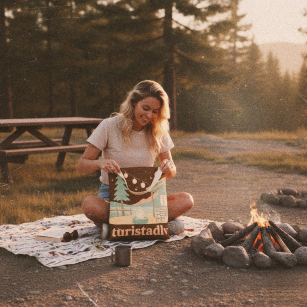 Bolsa de mano de acogedora fogata de cabaña, bolsa de mano | ilustración de camping, cielo nocturno, pinos
