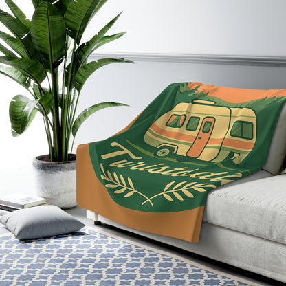 Manta de Sherpa Retro Camper de montaña al atardecer, regalo de Camping, manta de acampada, regalo de caravana, manta de exterior naturaleza