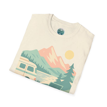 Camiseta de nómada digital, regalo de trabajo remoto, camiseta de camper retro en el lago, camiseta de naturaleza, laptop, tele trabajo