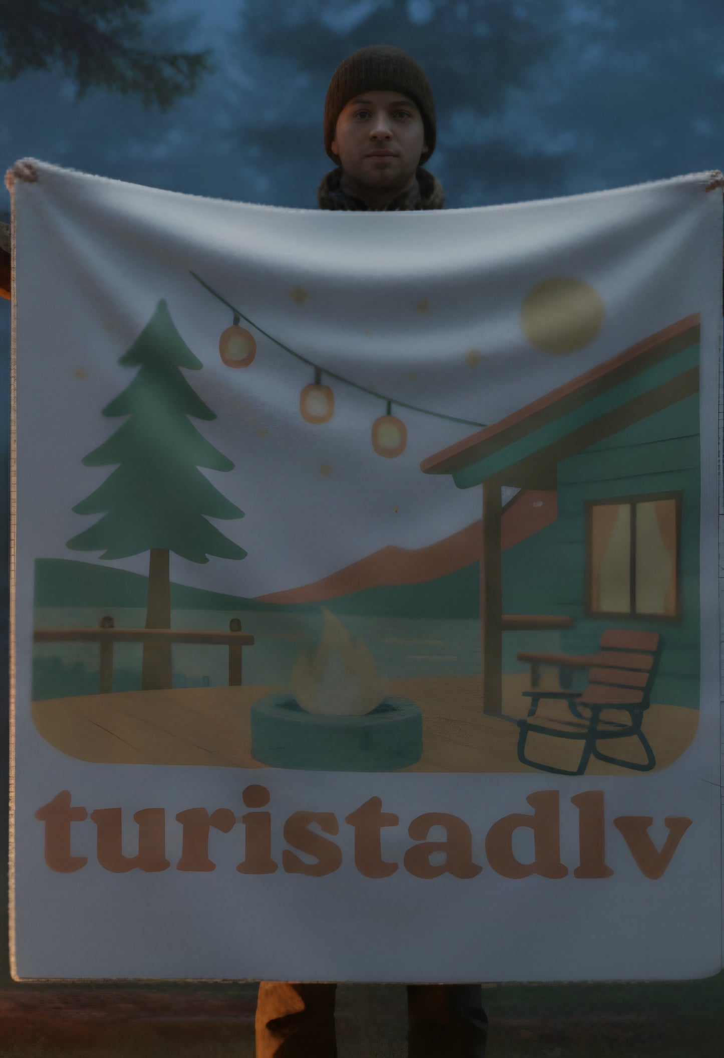 Acogedora manta de cabaña junto al lago Ilustración Manta Sherpa, manta de vida al aire libre con Fogata, manta de regalo, mantita de viaje