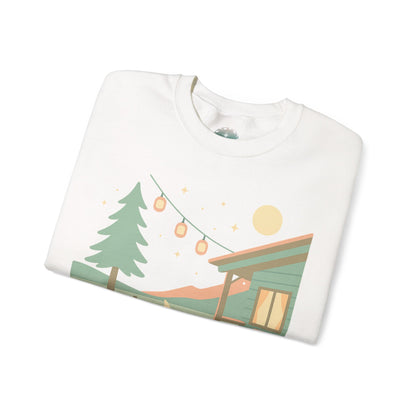 Sudadera de escena de fogata de cabaña, Ilustración de cabaña acogedora, cuello redondo de camping al aire libre