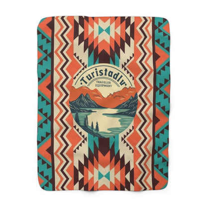 Manta Sherpa con diseño  de lago y montaña, Patrón azteca para exteriores, manta de camping, regalo de viaje, regalo de montaña