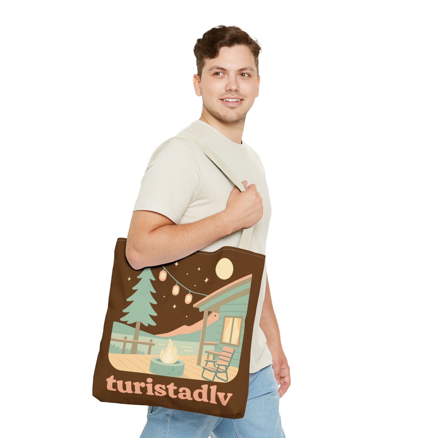 Bolsa de mano de acogedora fogata de cabaña, bolsa de mano | ilustración de camping, cielo nocturno, pinos