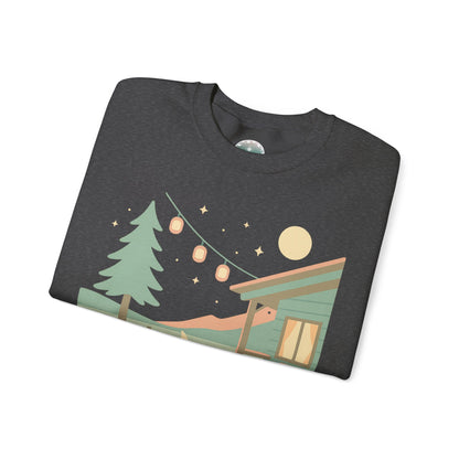 Sudadera de escena de fogata de cabaña, Ilustración de cabaña acogedora, cuello redondo de camping al aire libre