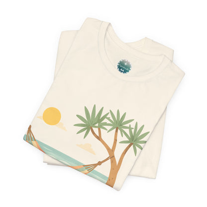 Camiseta de palmera de hamaca de playa , diseño Australiano, Camiseta gráfica Trópicos costeros del atardecer, camiseta de vacaciones, viaje
