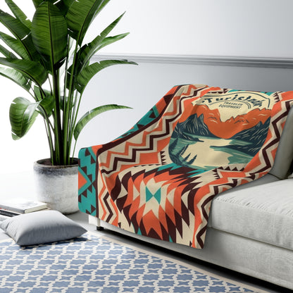 Manta Sherpa con diseño  de lago y montaña, Patrón azteca para exteriores, manta de camping, regalo de viaje, regalo de montaña