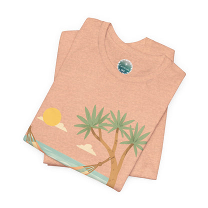 Camiseta de palmera de hamaca de playa , diseño Australiano, Camiseta gráfica Trópicos costeros del atardecer, camiseta de vacaciones, viaje