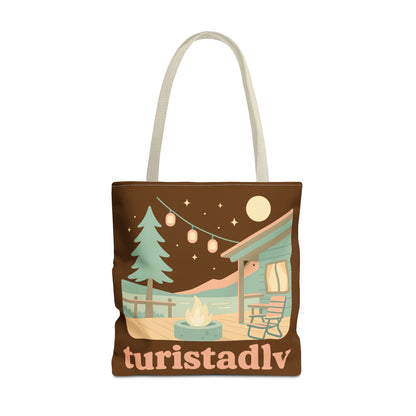 Bolsa de mano de acogedora fogata de cabaña, bolsa de mano | ilustración de camping, cielo nocturno, pinos