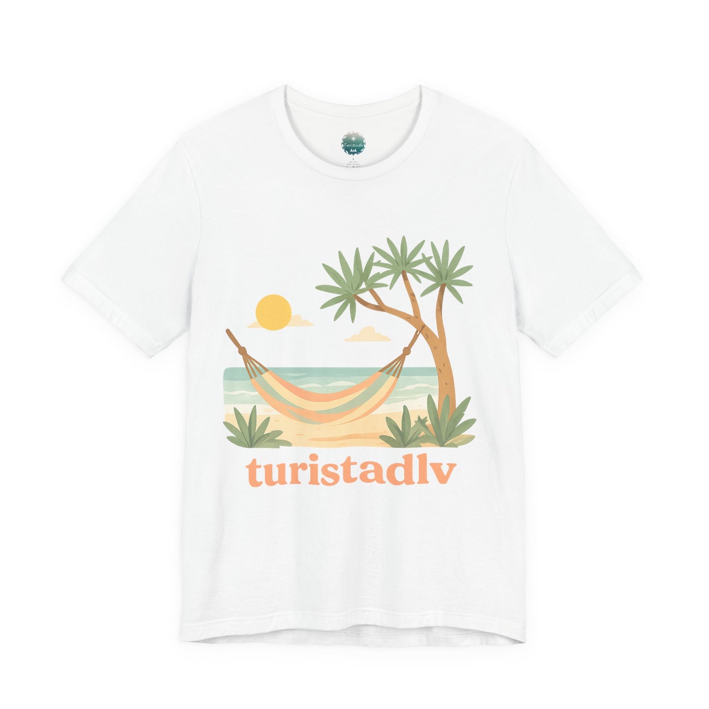 Camiseta de palmera de hamaca de playa , diseño Australiano, Camiseta gráfica Trópicos costeros del atardecer, camiseta de vacaciones, viaje